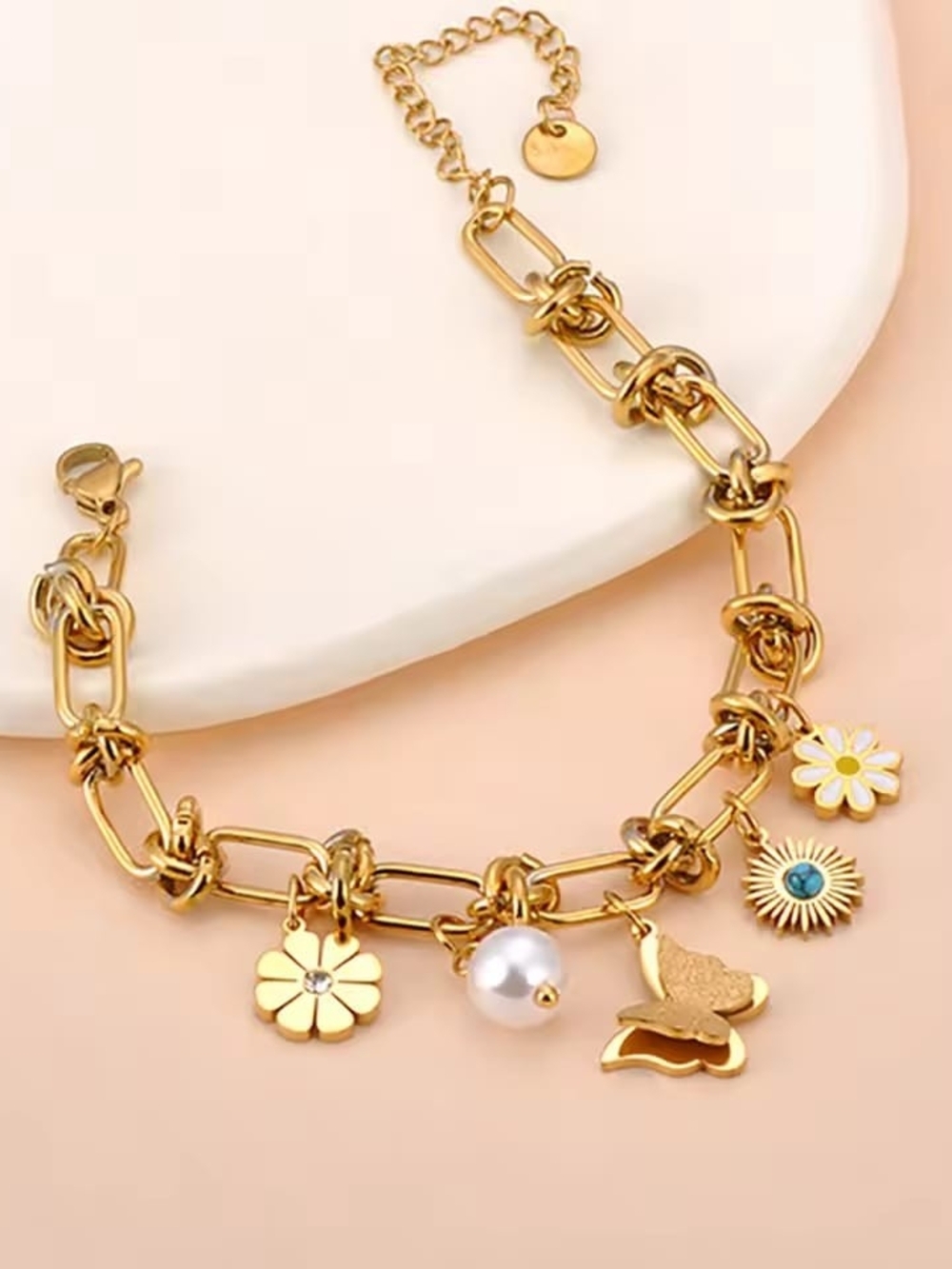 Gold Charm Bracelet with Floral, Pearl & Butterfly Charms